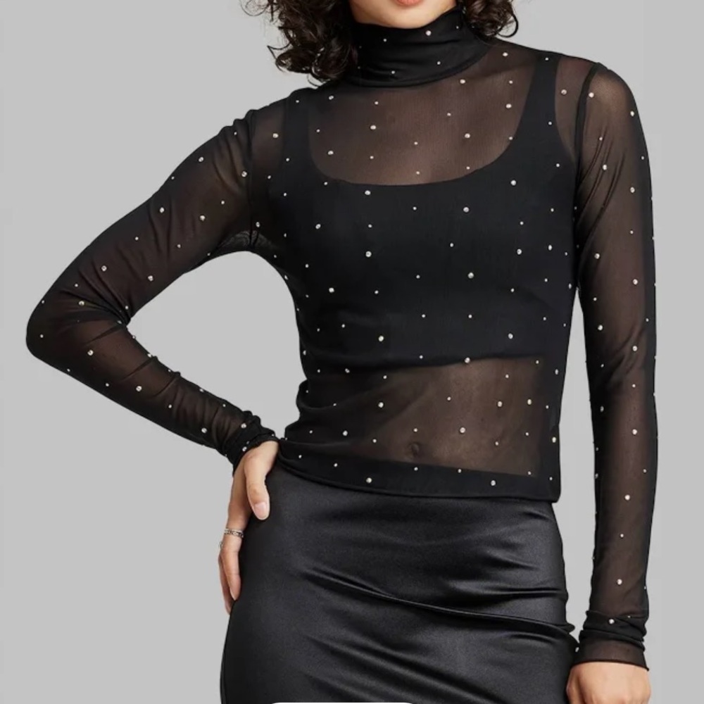 Wild Fable Rhinestone Mesh Mock Turtleneck Top
